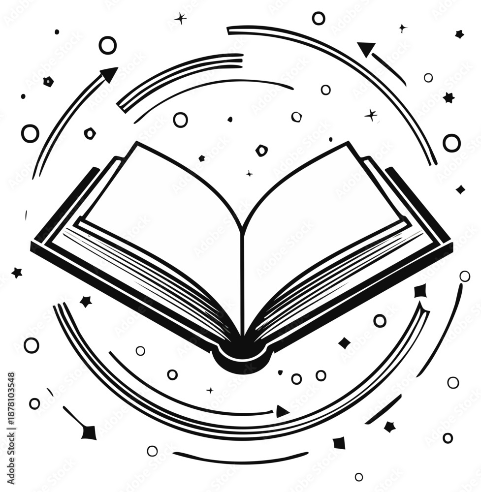 Fototapeta premium Open book with arrows, circles and geometric shapes, vector illustration