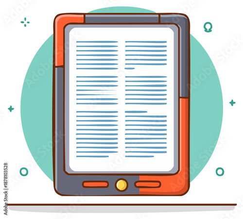 Digital Ebook Reader with Text Displayed on Screen and Decorative Elements