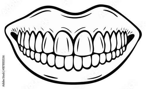 Black and white illustration of open lips and healthy teeth, dental hygiene.