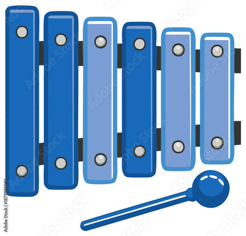 Cartoon illustration of a blue xylophone with a mallet
