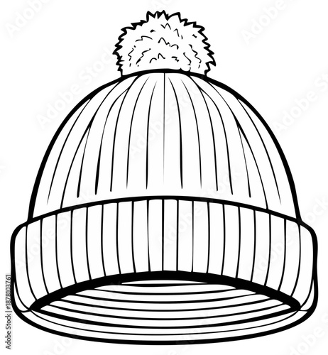 Black and white outline drawing of a warm winter knit hat with a pompom on top