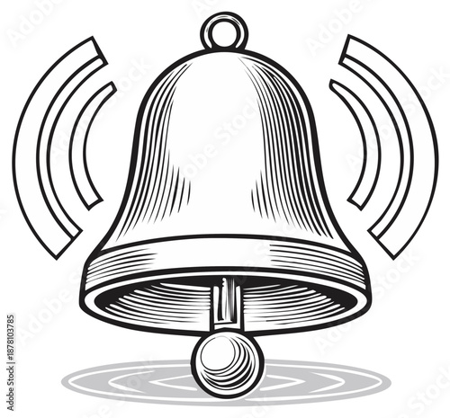 Ringing Bell Engraving Illustration Graphic Showing Sound Waves Signal Alarm Alert Notification Call for Attention