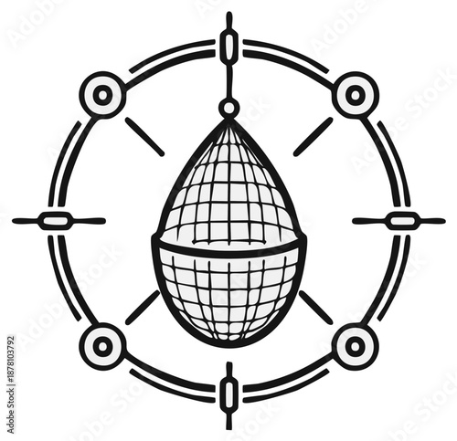 Abstract illustration of a fishing net with a surrounding decorative circular design.