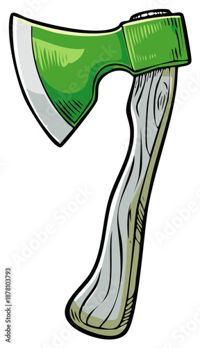Green and Silver Axe Illustration on White Background