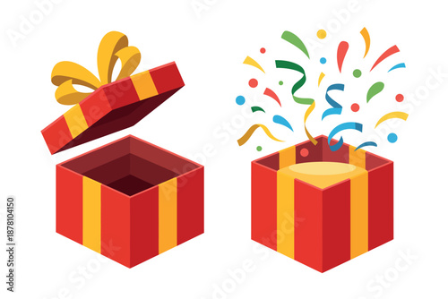 A colorful illustration of two red gift boxes with yellow stripes, one open and one with confetti and ribbons popping out.