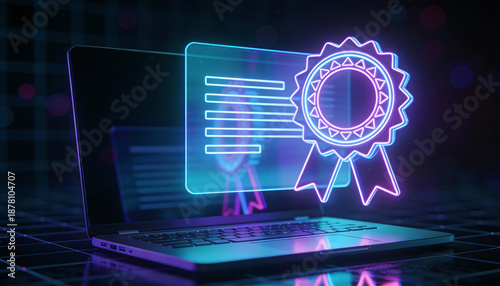 Neon holographic certificate seal and digital document interface above laptop for cybersecurity certification and verified credentials on dark futuristic background