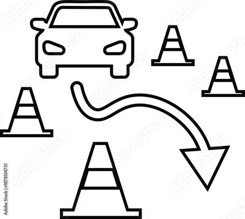 Car driving skill assessment with traffic cones and a guiding curved arrow path
