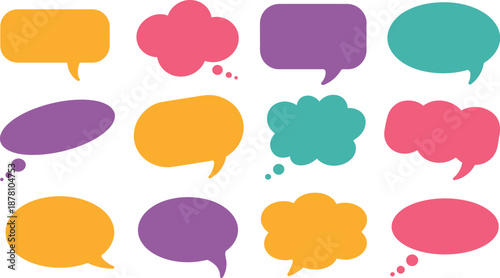 A collection of twelve colorful speech and thought bubbles in various shapes and sizes isolated on a white background