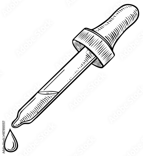 Vintage style drawing of a dropper with a liquid drop falling from its tip.