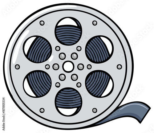 Illustration of a movie film reel with film strip on a white background for media industry