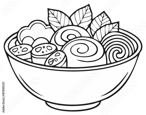 Bowl of Asian noodle soup line art illustration for coloring book