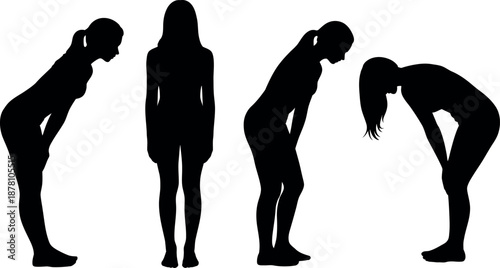 Collection of black silhouette female figures in various bending and stretching poses on a clean white background