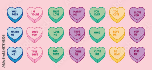 Heart Candy with Love Slogans and Messages. Heart Shaped Candy Vector Illustrations for Valentine's Day Decoration