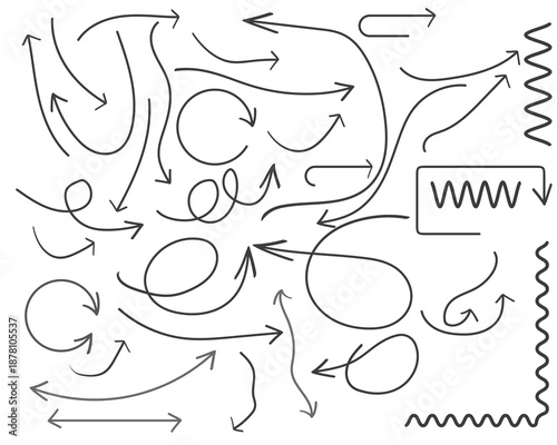 A complex network of arrows and squiggles on a white background