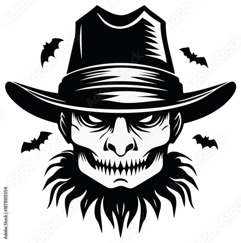 Scary Cowboy Silhouette with Bats Halloween Illustration Evil Undead Monster Design