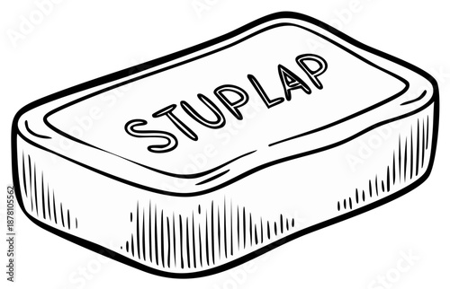 Hand-drawn soap bar with word Stuplap hygiene object clean skincare sketch drawing black and white outline
