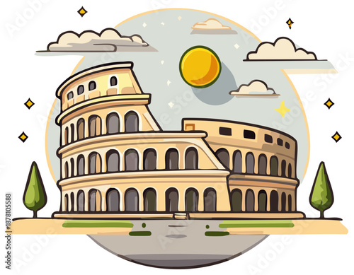 Cartoon vector illustration of Colosseum surrounded by trees, clouds and stars under yellow sun