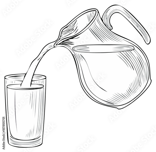 Water being poured from a pitcher into a glass in a monochrome style