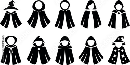 Collection of diverse black cloak and cape icons with various hoods and hats representing fantasy characters isolated on transparent background