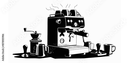 A coffee station silhouette with a minimalist espresso machine and two mugs.