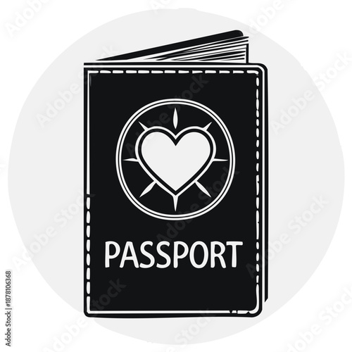 Passport with heart and compass symbol graphic for international travel adventure and romantic getaways black and white