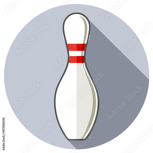 Bowling pin with red stripe, shadow, in a grey circle, flat design, icon for sports games.