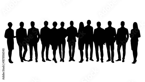 A diverse group of professional business people standing together in a long line silhouette against a white background