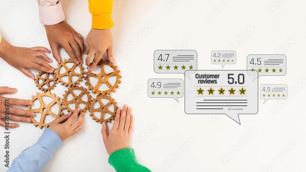 Obraz premium Diverse hands work together to arrange gears, symbolizing teamwork and collaboration in achieving outstanding customer satisfaction and high ratings. Raster