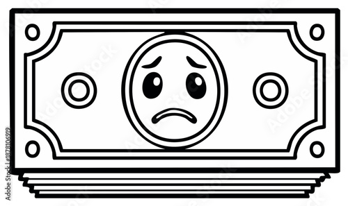 Sad cartoon money bill stack representing financial loss, recession, or economic difficulty in black and white
