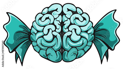 Cartoon Brain Wrapped in Candy Wrapper with Teal Ribbon