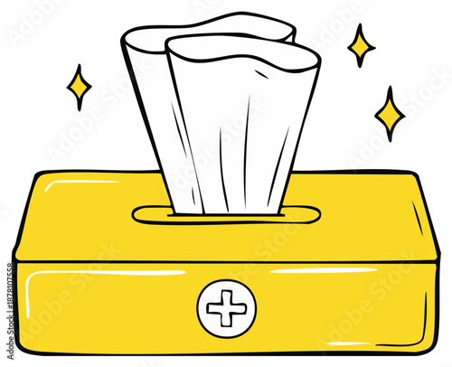 Cartoon Style Hand Drawn Tissue Box with Tissues and Sparkles, Cleanliness Illustration