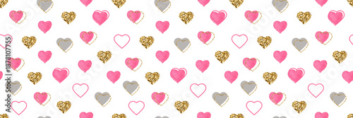 Valentines Day banner. Watercolor hand drawn heart long pattern. Women Day. Bright confetti falling on white background. Celebration bg. 8 March card. Wedding invitation border. Vector illustration