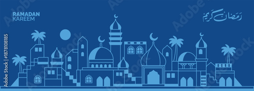 monoline ramadan kareem geometric landscape pattern with arabic city and various brightly colored islamic icons