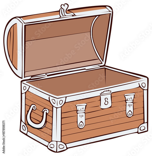 Open cartoon chest with silver metal accents, brown wood paneling, and treasure hunt vibes for pirate themes.