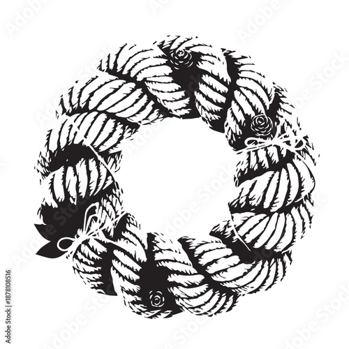 Circular rope knot wreath design formed by braided strands of rope in a monochrome pattern.