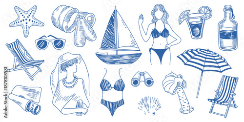 Hand drawn Italian summer vacation illustration set, vector seaside weekend elements in rough grunge doodle sketch style, blue chalk charcoal drawings for poster, placard or emblem