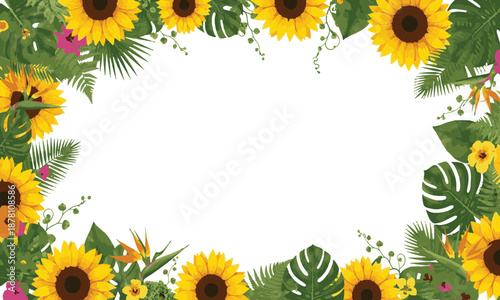 Vibrant Summer Sunflower and Tropical Leaves Decorative Frame Illustration on White Background
