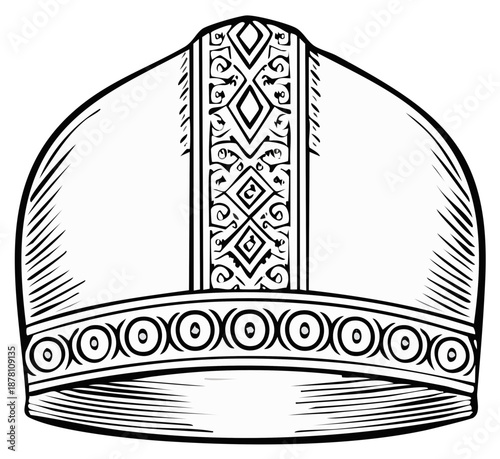 Line art illustration of a mitre, a ceremonial headdress, used in Western Christian churches.