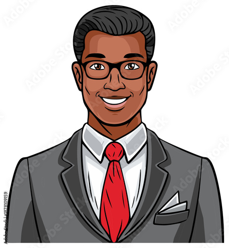 Smiling cartoon portrait of a Black man wearing glasses, suit, and red tie