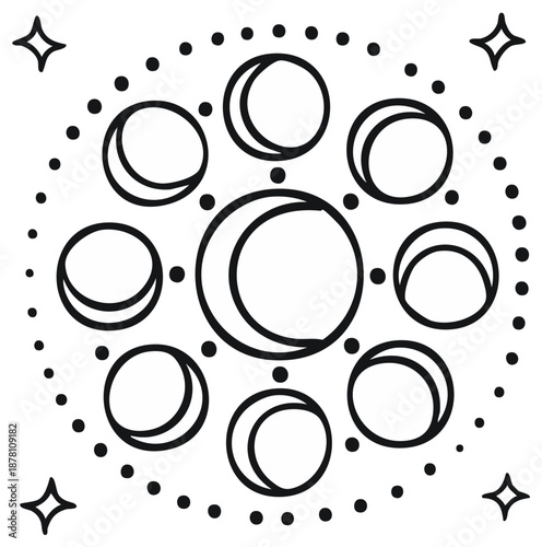 Lunar Phases Celestial Alignment Black Outline Stars and Dots Minimalist Illustration