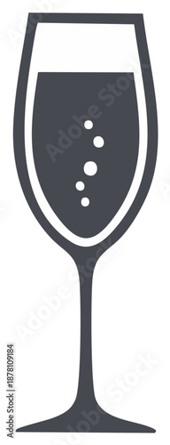 Dark grey vector silhouette of a sparkling wine flute filled with effervescent liquid and bubbles.