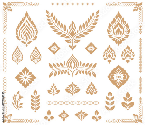Thai art icon set. traditional Thailand decorative symbol, cultural ornament design, elegant Asian pattern element for branding, logo, print and digital use