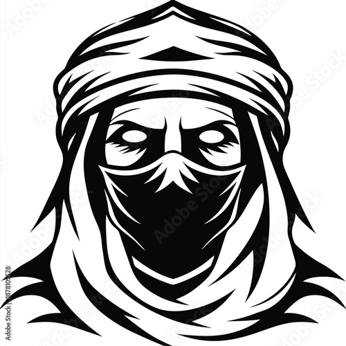 An arabian male figure is captured in a black and white closeup design