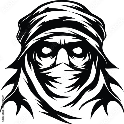 art shows a black and white nomad with a head covering and face mask