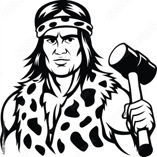 Barbarian warrior holds a sledgehammer menacingly while wearing a patterned fur cloak