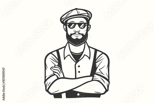 Bearded Caucasian man with sunglasses stands confidently, arms crossed and wears a hat
