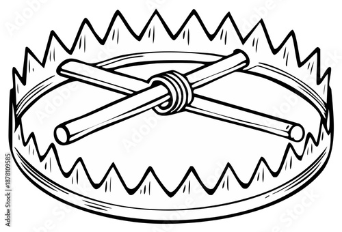 Steel animal trap graphic illustration with dangerous teeth and intersecting rods