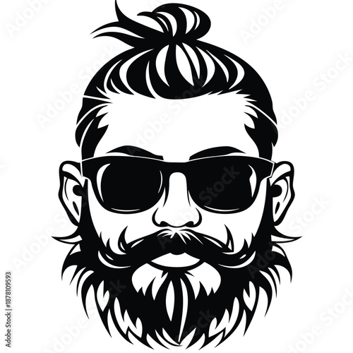 Bearded hipster icon showcasing sleek hair bun and stylish sunglasses in monochrome