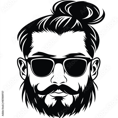 Bearded hipster with sunglasses shows distinctive mustache and man bun hairstyle in solid black