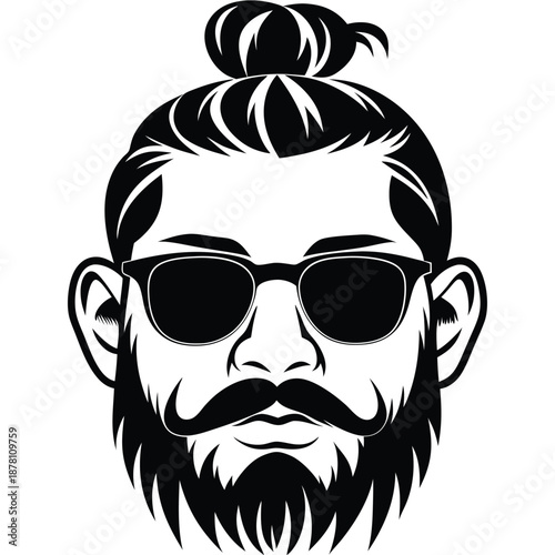 Bearded hipster wears sunglasses and a topknot hairstyle in a black vector